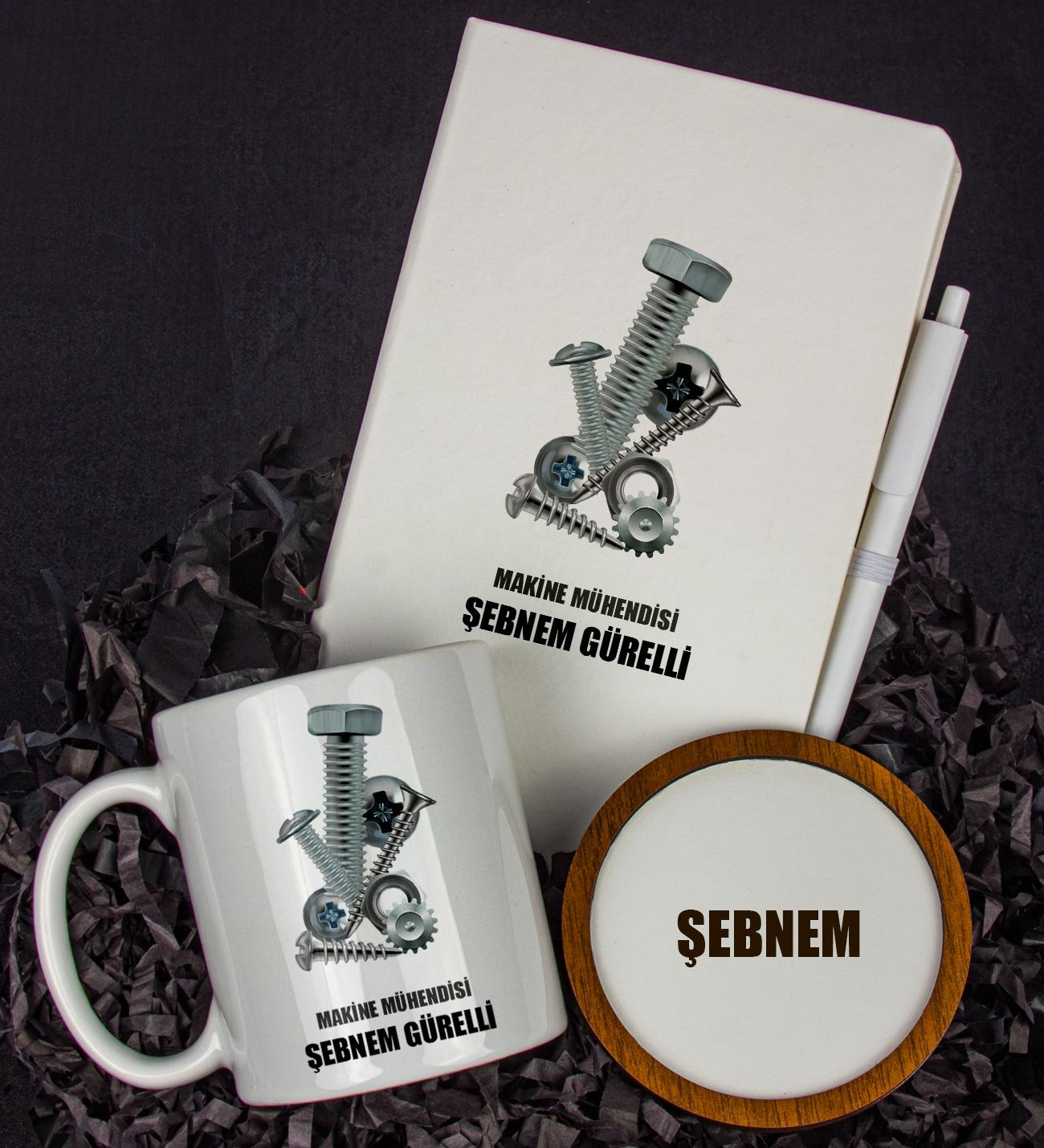 Kişiye Özel Makine Mühendisi Tasarım Defter Kalem Kupa Ve Bardak Altlığı Hediye Seti