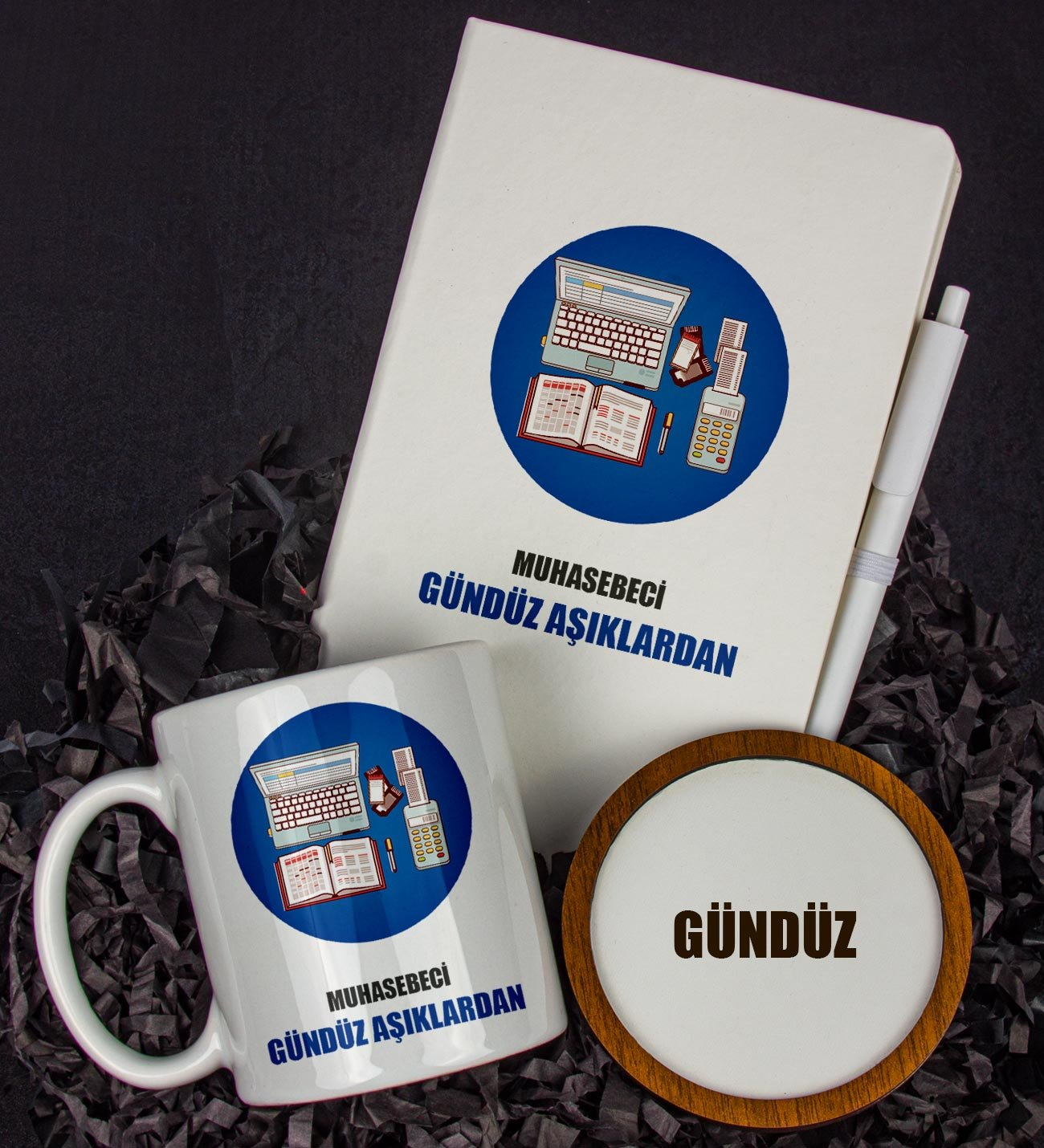 Kişiye Özel Muhasebeci Tasarım Defter Kalem Kupa Ve Bardak Altlığı Hediye Seti