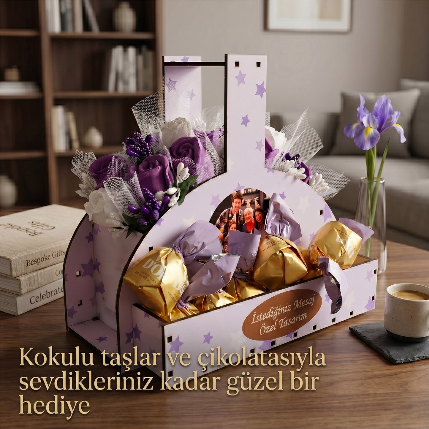 Kişiye Özel İsimli Kokulu Taş Aranjmanı Ve Çikolatası