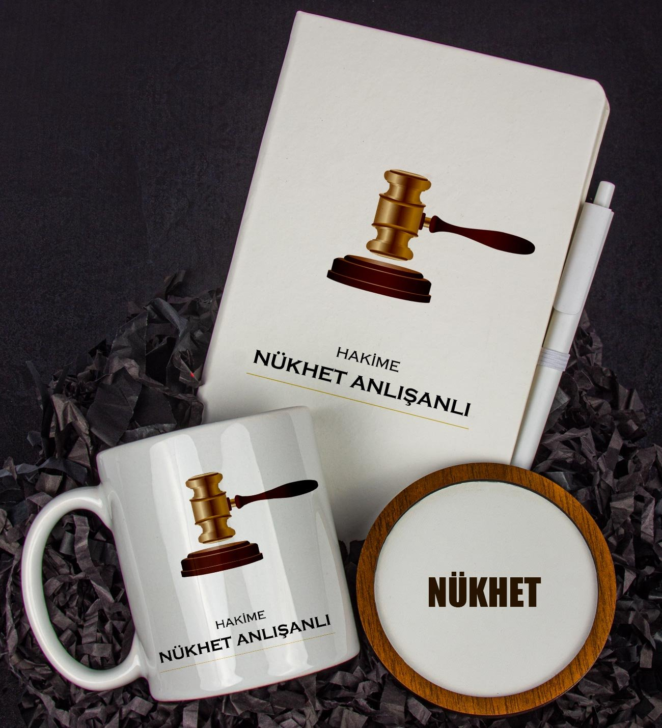 Kişiye Özel Hakime Tasarım Defter Kalem Kupa Ve Bardak Altlığı Hediye Seti