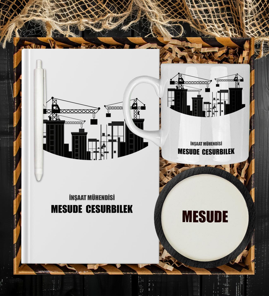 Kişiye Özel İnşaat Mühendisi Tasarım Defter Kalem Kupa Ve Bardak Altlığı Hediye Seti