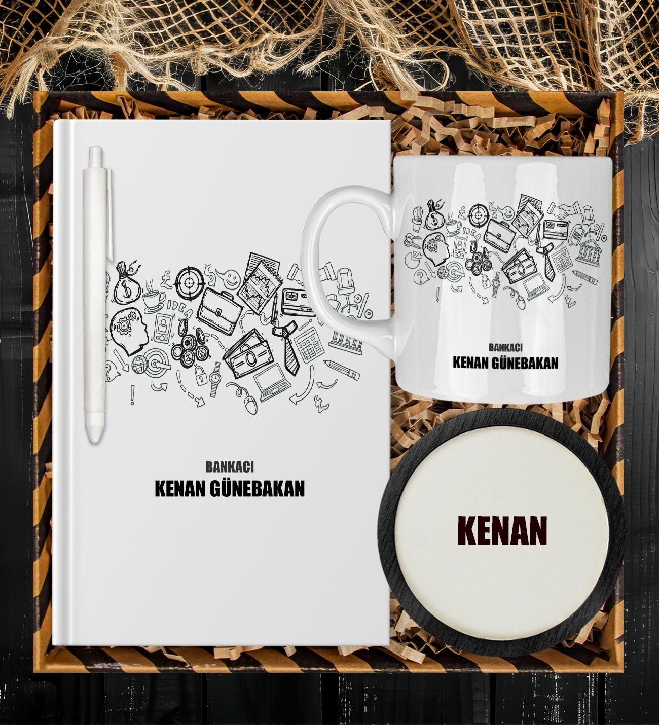 Kişiye Özel Bankacı Tasarım Defter Kalem Kupa Ve Bardak Altlığı Hediye Seti
