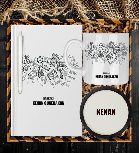 Kişiye Özel Bankacı Tasarım Defter Kalem Kupa Ve Bardak Altlığı Hediye Seti