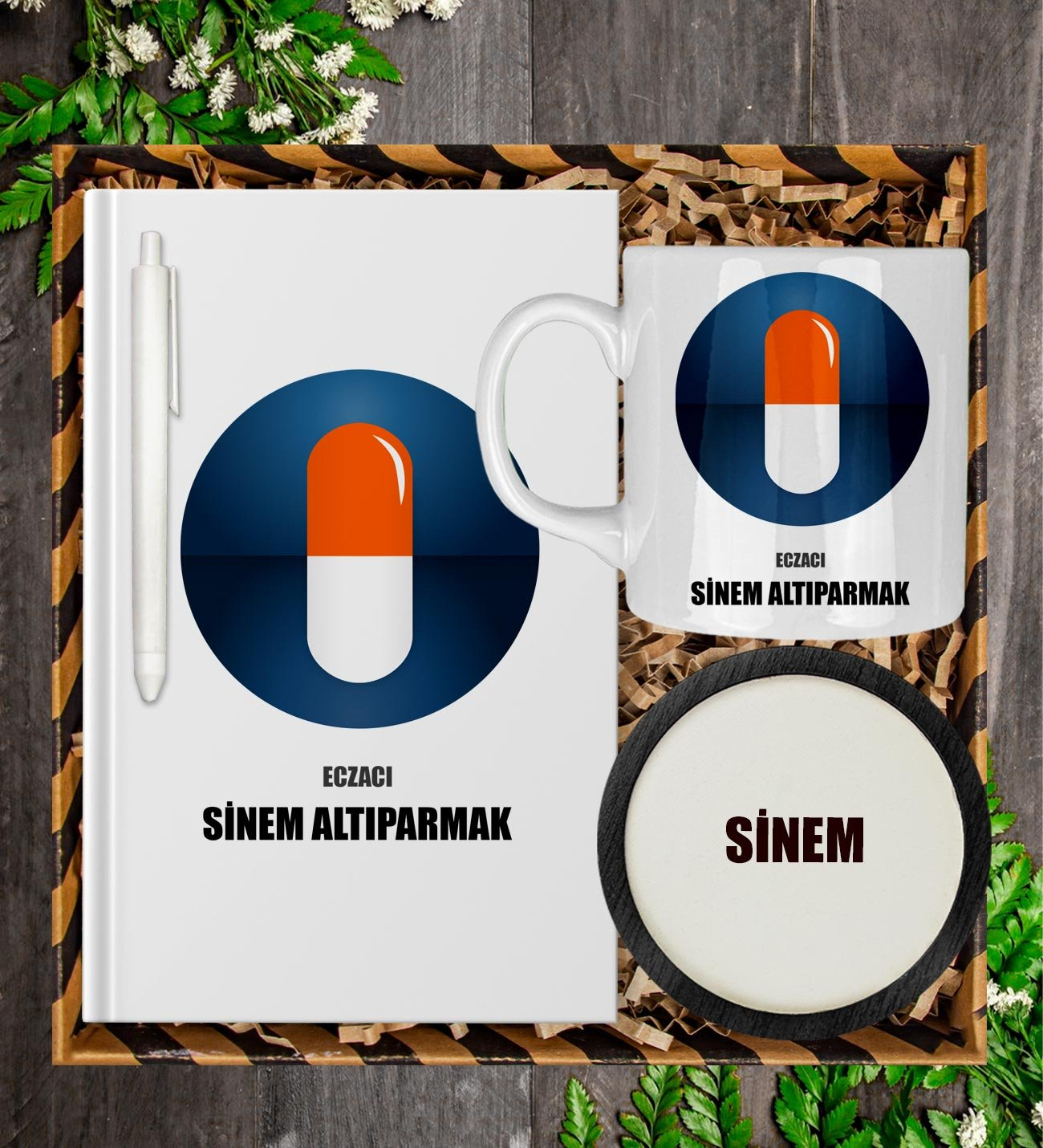 Kişiye Özel Eczacı Tasarım Defter Kalem Kupa Ve Bardak Altlığı Hediye Seti