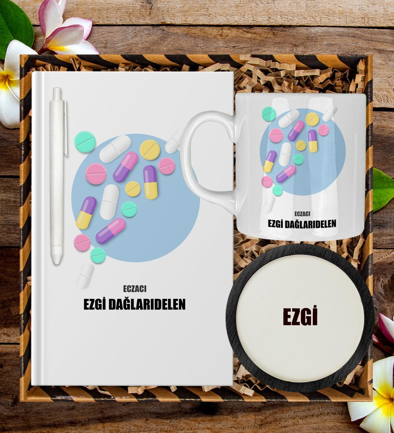 Kişiye Özel Eczacı Tasarım Defter Kalem Kupa Ve Bardak Altlığı Hediye Seti