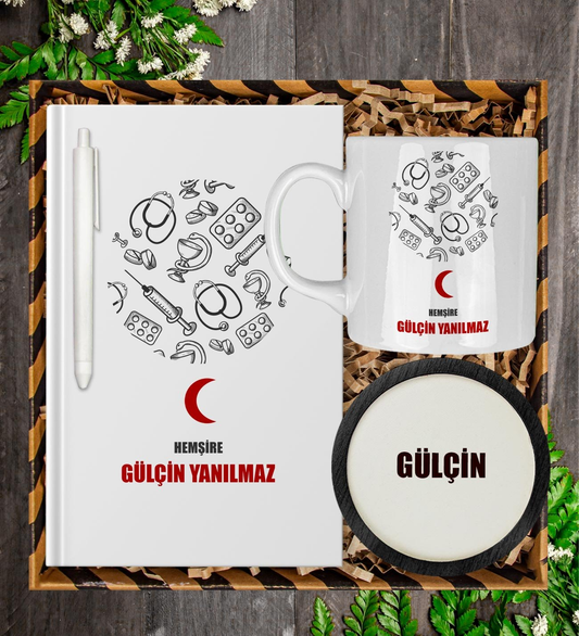 Kişiye Özel Hemşire Tasarım Defter Kalem Kupa Ve Bardak Altlığı Hediye Seti
