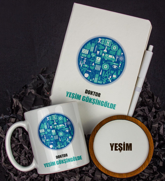 Kişiye Özel Doktor Tasarım Defter Kalem Kupa Ve Bardak Altlığı Hediye Seti