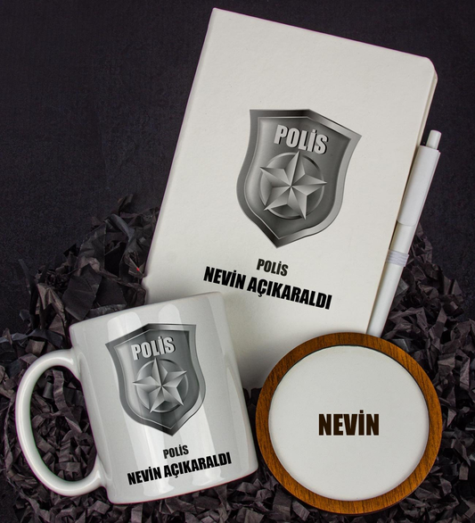 Kişiye Özel Polis Tasarım Defter Kalem Kupa Ve Bardak Altlığı Hediye Seti