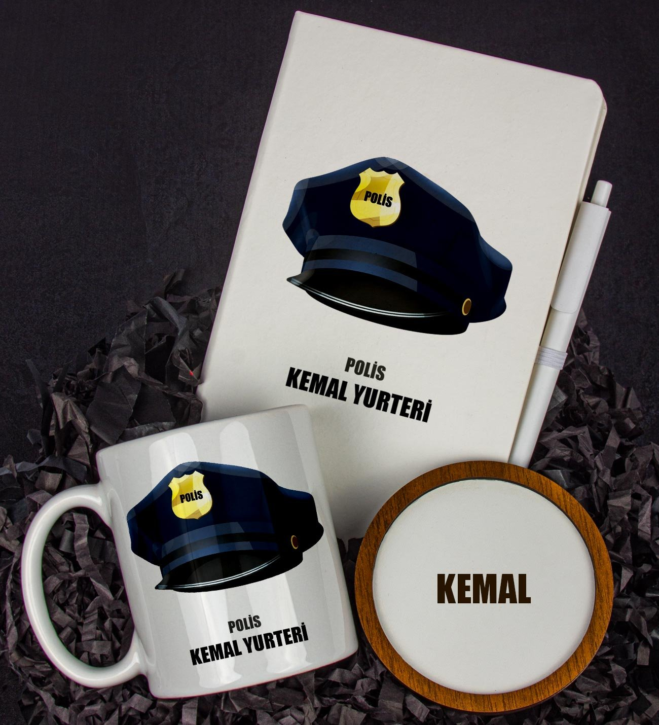 Kişiye Özel Polis Tasarım Defter Kalem Kupa Ve Bardak Altlığı Hediye Seti
