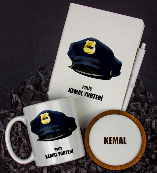 Kişiye Özel Polis Tasarım Defter Kalem Kupa Ve Bardak Altlığı Hediye Seti
