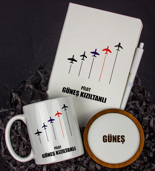 Kişiye Özel Pilot Tasarım Defter Kalem Kupa Ve Bardak Altlığı Hediye Seti