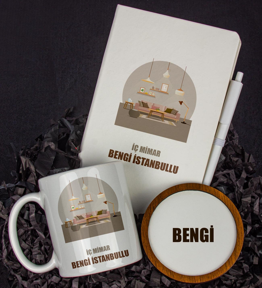Kişiye Özel İç Mimar Tasarım Defter Kalem Kupa Ve Bardak Altlığı Hediye Seti