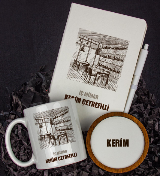 Kişiye Özel İç Mimar Tasarım Defter Kalem Kupa Ve Bardak Altlığı Hediye Seti