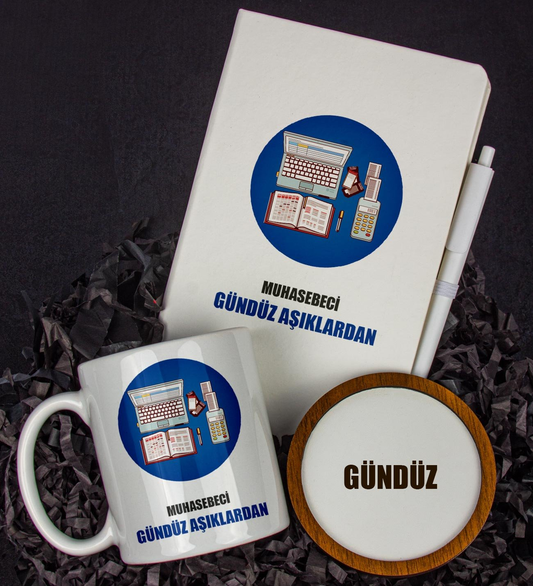 Kişiye Özel Muhasebeci Tasarım Defter Kalem Kupa Ve Bardak Altlığı Hediye Seti