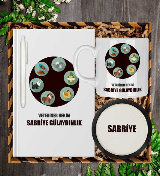 Kişiye Özel Veteriner Tasarım Defter Kalem Kupa Ve Bardak Altlığı Hediye Seti