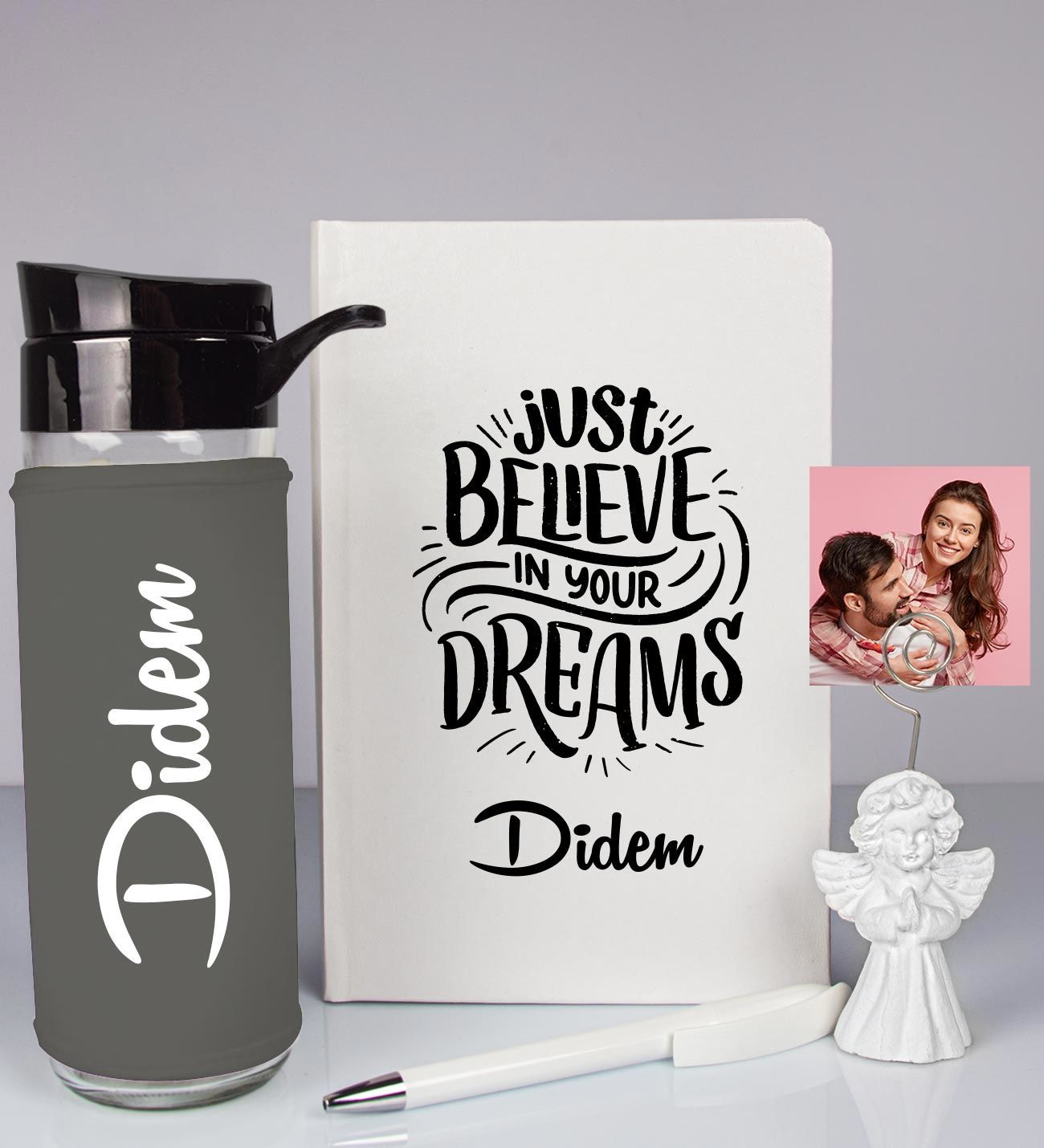 Kişiye Özel Defter Kalem Matara Ve Fotoğraflı Notluk Hediye Seti